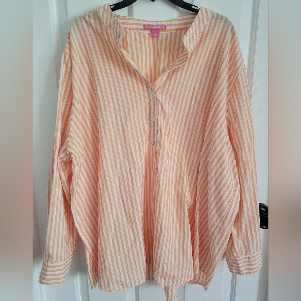 Woman Within Orange White Stripe 3/4 Button Coastal Long Sleeve Pullover Tunic